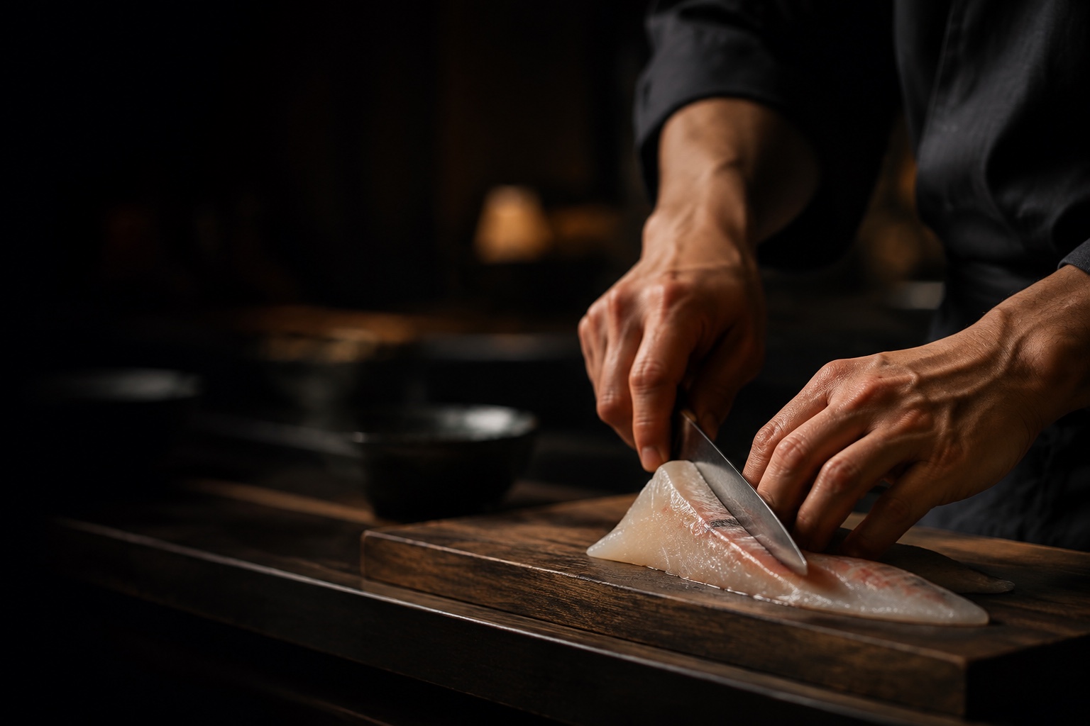 料理人が魚を切り分ける手元